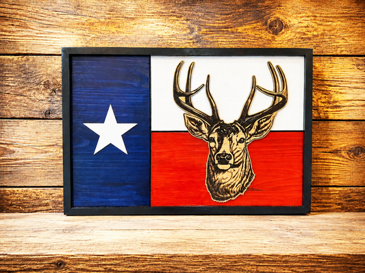 Texas Wood Flag With Whitetail Deer