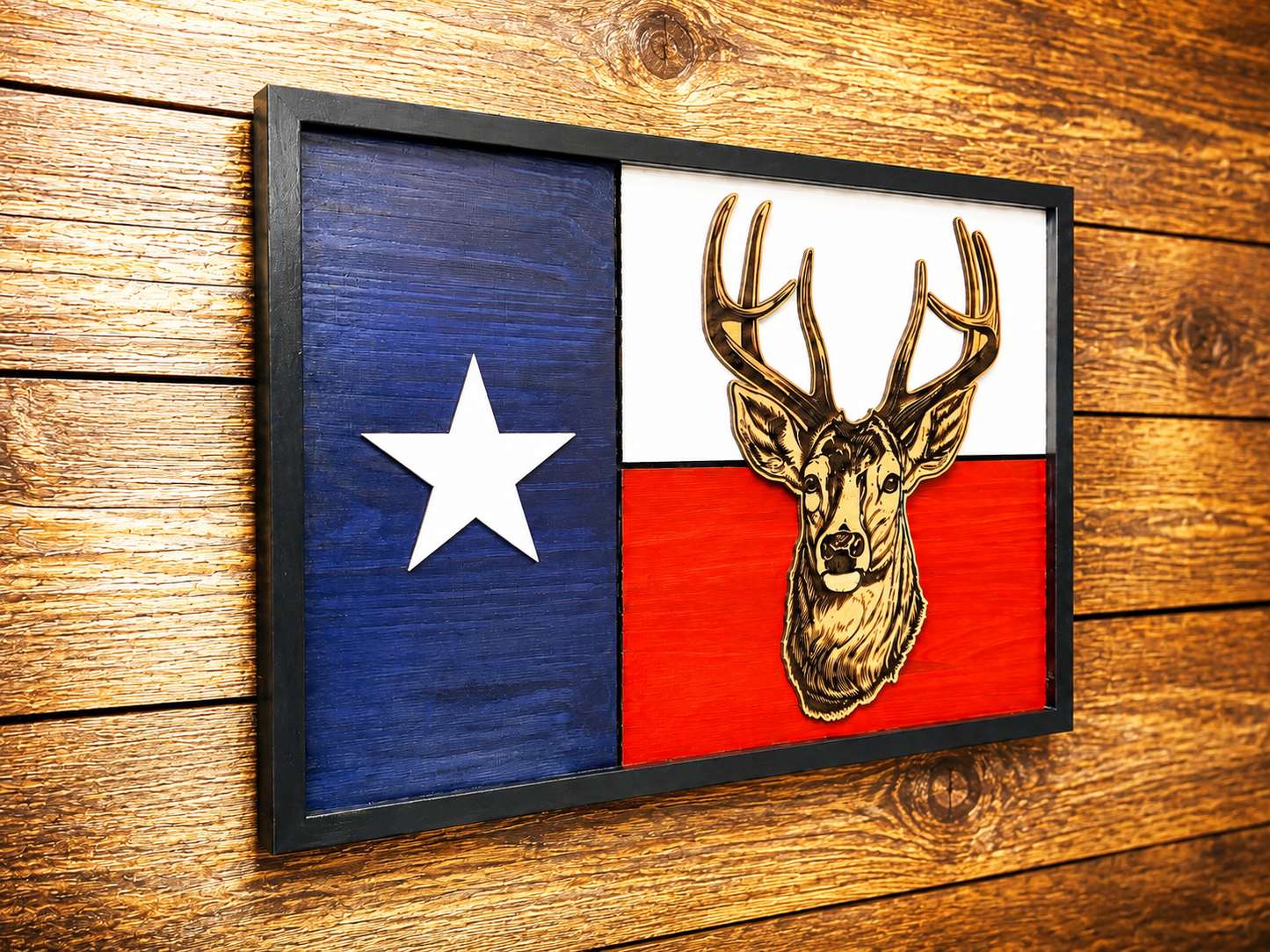 Texas Wood Flag With Whitetail Deer