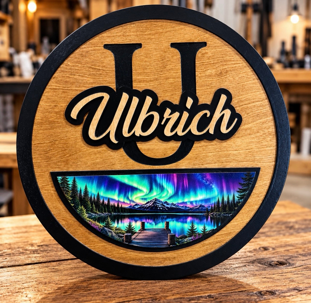 Custom family name sign with UV printed northern lights scene