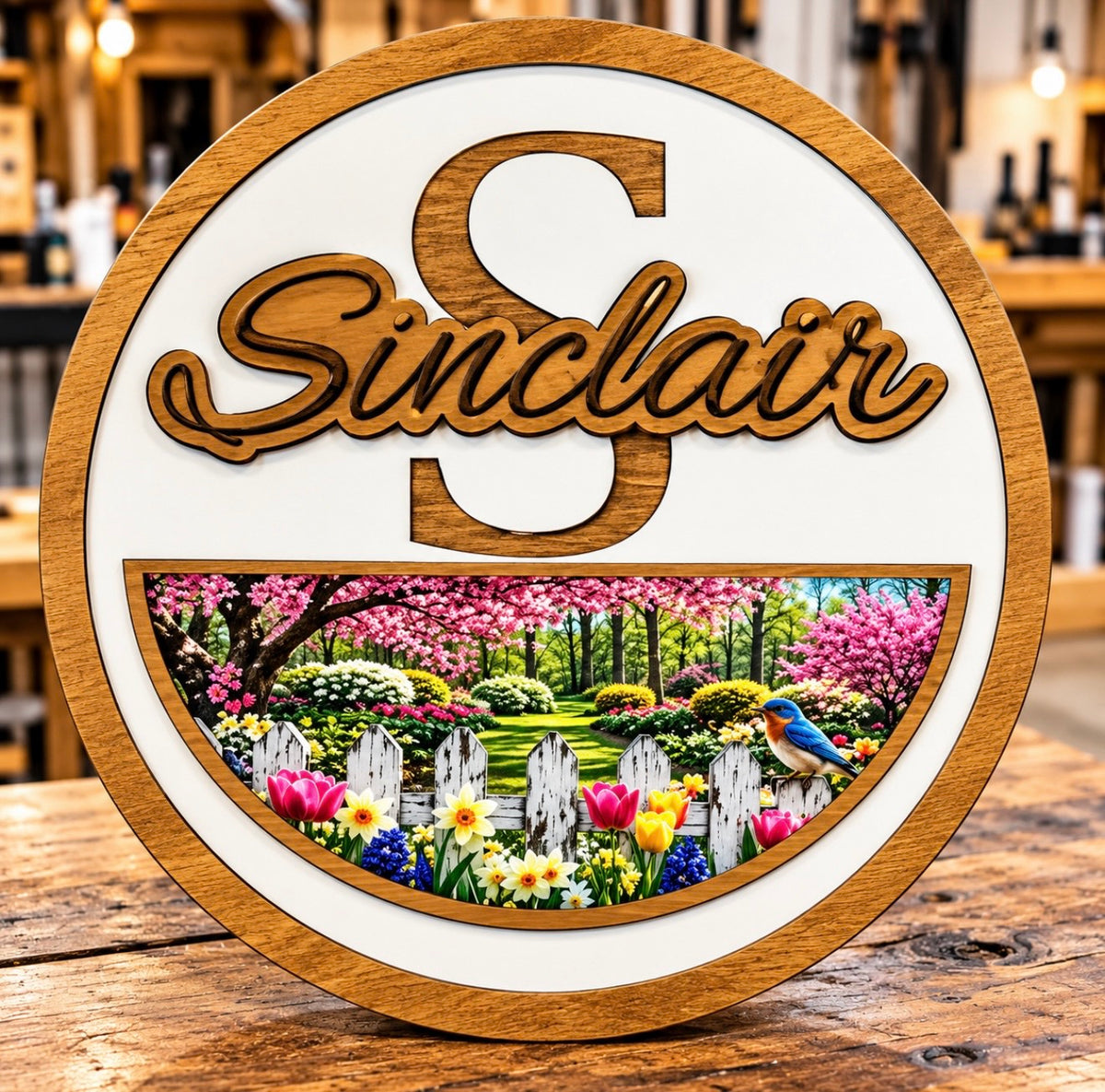 Custom family name sign with UV printed scene, detail view