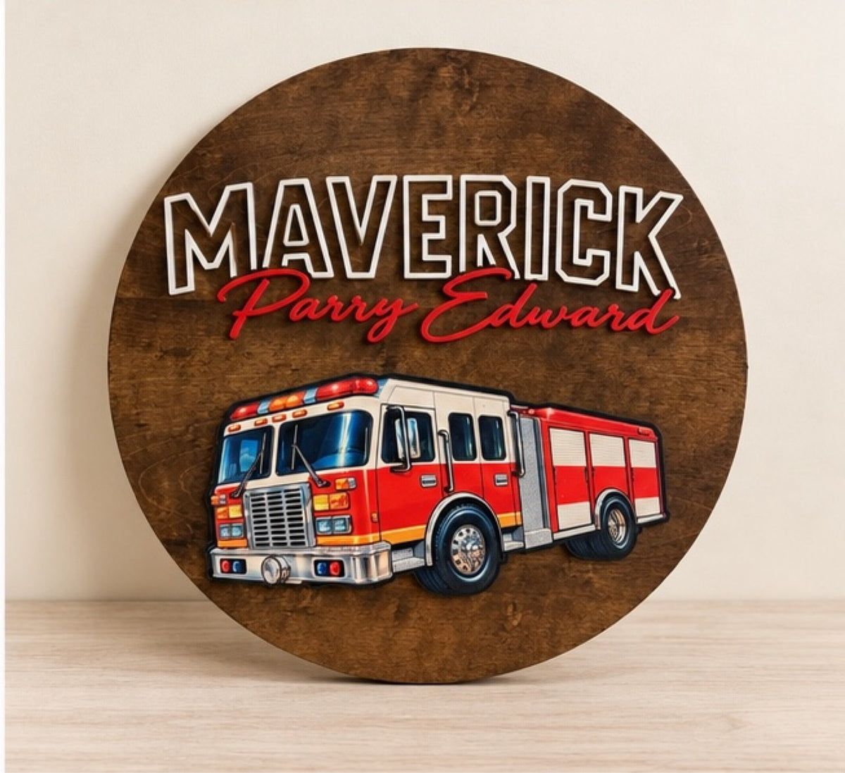 Personalized fire truck name sign, 22 inch round, front view