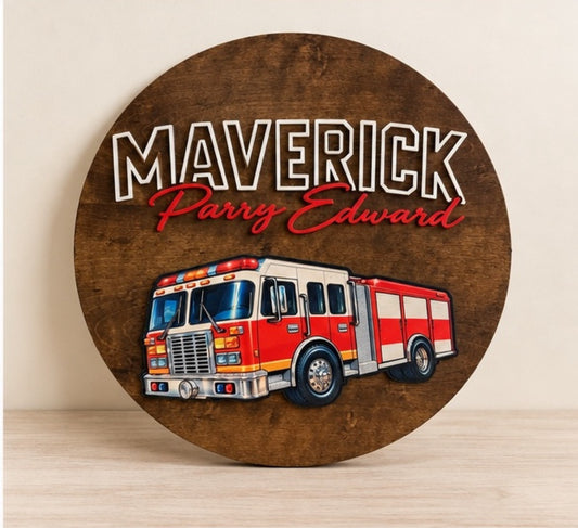 Personalized fire truck name sign, 22 inch round, front view