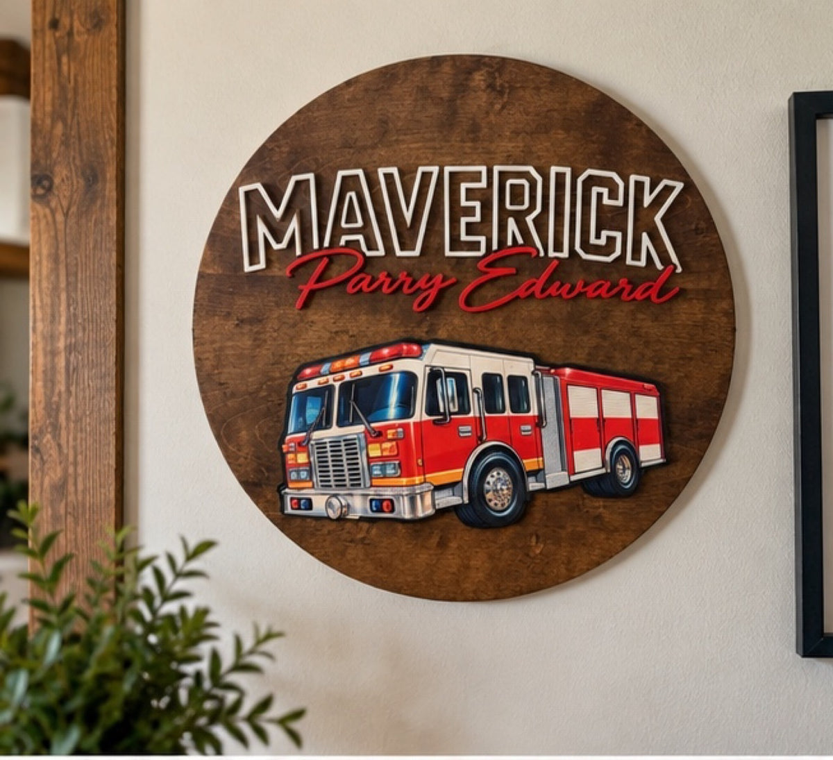 Fire truck name sign hanging on wall
