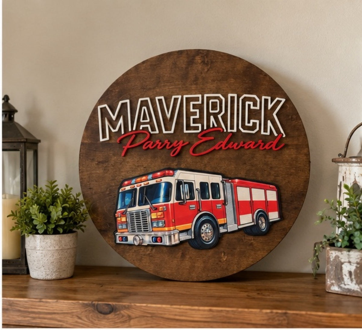Fire truck name sign styled on shelf